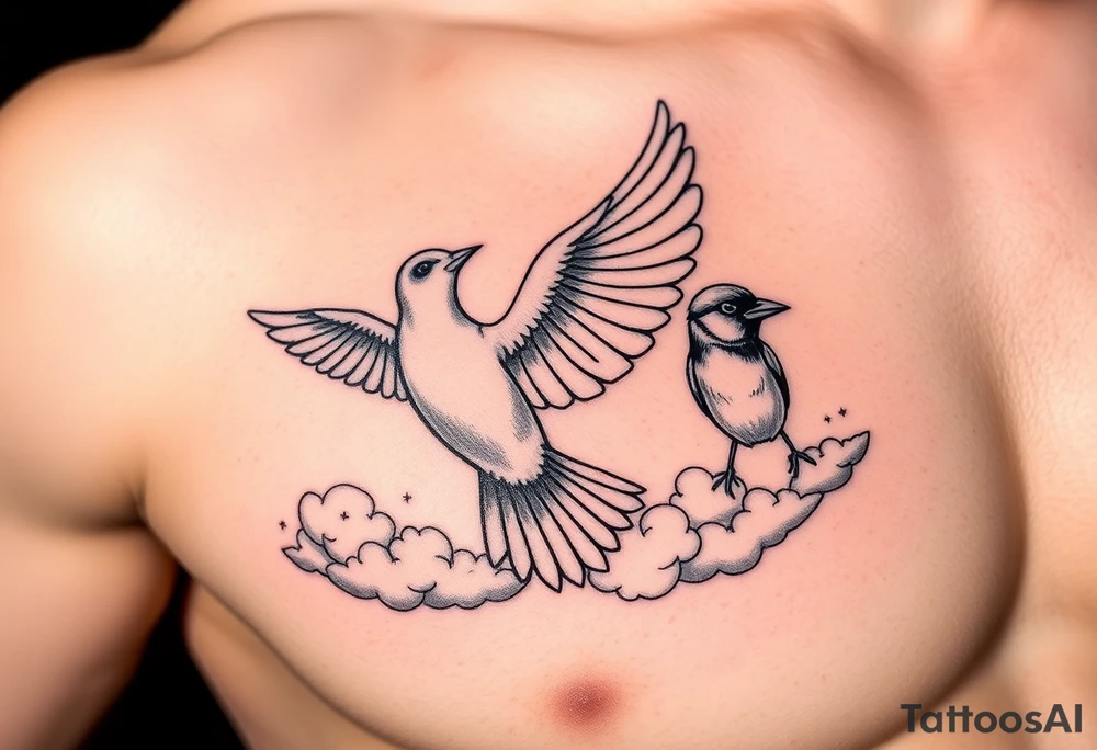 Dove and a blue jay, clouds, shining light to or from heaven tattoo idea