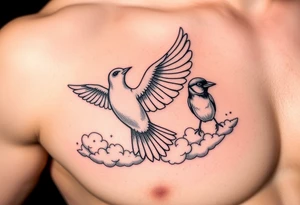 Dove and a blue jay, clouds, shining light to or from heaven tattoo idea