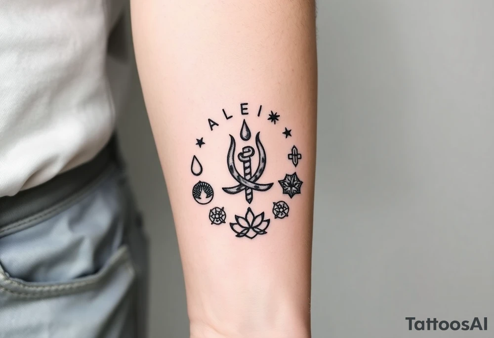 A symbol of victory over enemies surrounded by symbols of meditation and a new life tattoo idea