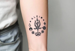 A symbol of victory over enemies surrounded by symbols of meditation and a new life tattoo idea