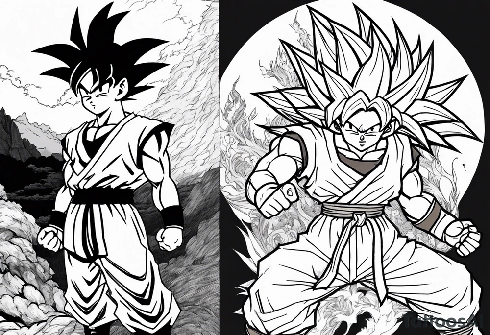 Son-Goku as a child in the foreground and an older version of him as a super saiyajin behind him. A huge dragonball surrounds the whole scenery. Fokus friends are surrounding him as shadows tattoo idea