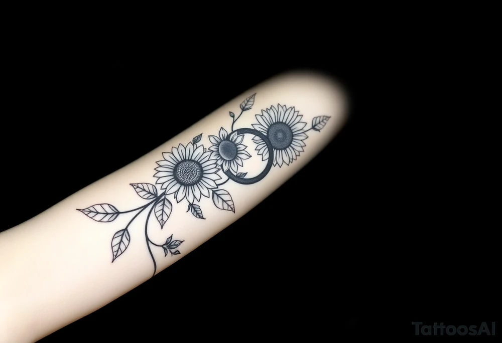 Dainty Bohemian stylized sunflowers growing along an infinity symbol shaped vine with a mandala in the background tattoo idea