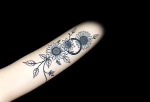Dainty Bohemian stylized sunflowers growing along an infinity symbol shaped vine with a mandala in the background tattoo idea