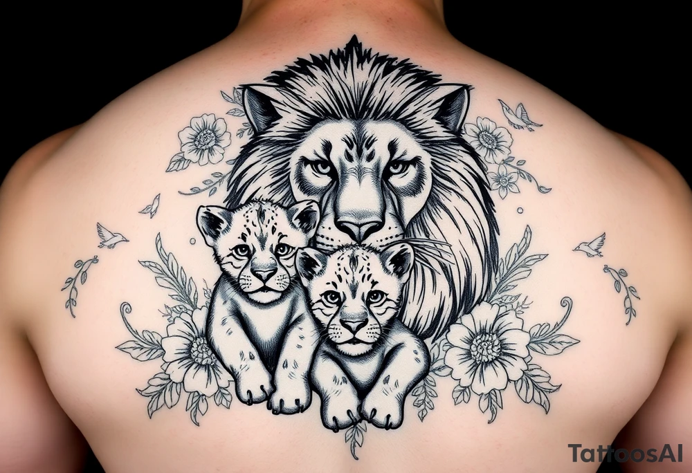 powerful majestic lion and cub, surrounded by floral ornaments and birds tattoo idea