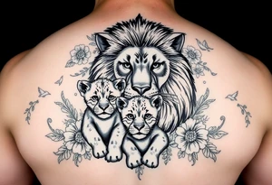 powerful majestic lion and cub, surrounded by floral ornaments and birds tattoo idea