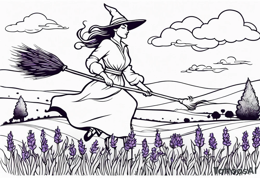 Witch on a broom flying over a field of lavender tattoo idea