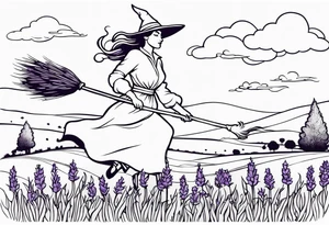 Witch on a broom flying over a field of lavender tattoo idea