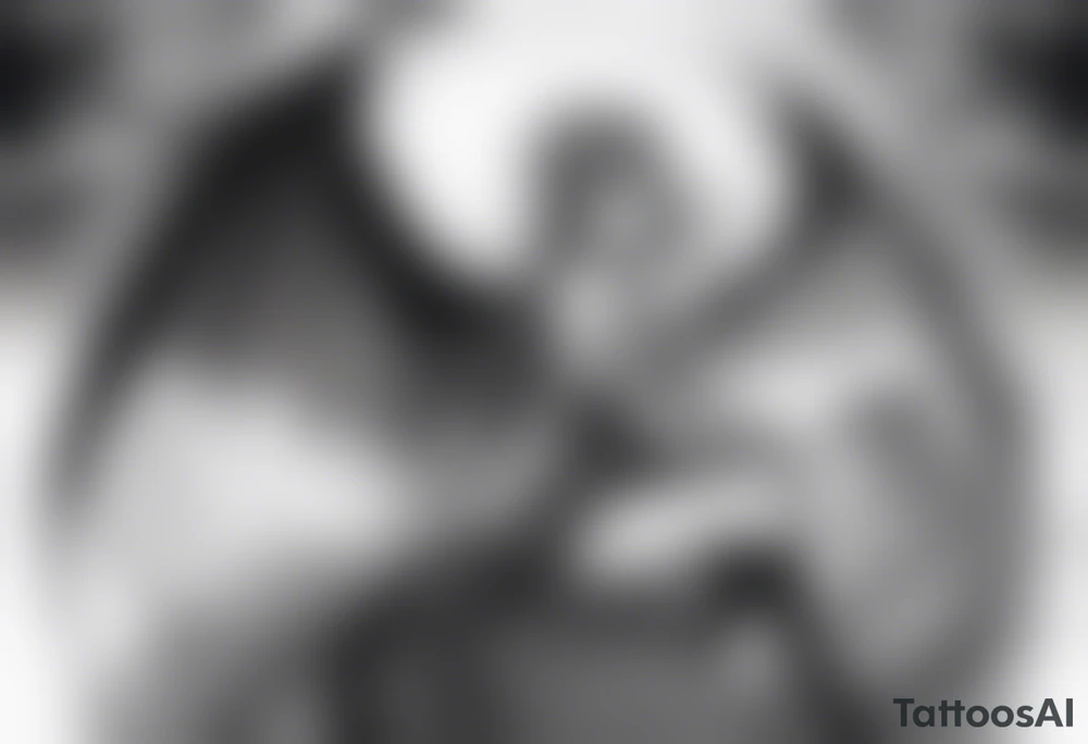 a full shot of an anime girl seen from far, sitting on a ball and surrounded by asian dragon with wings tattoo idea