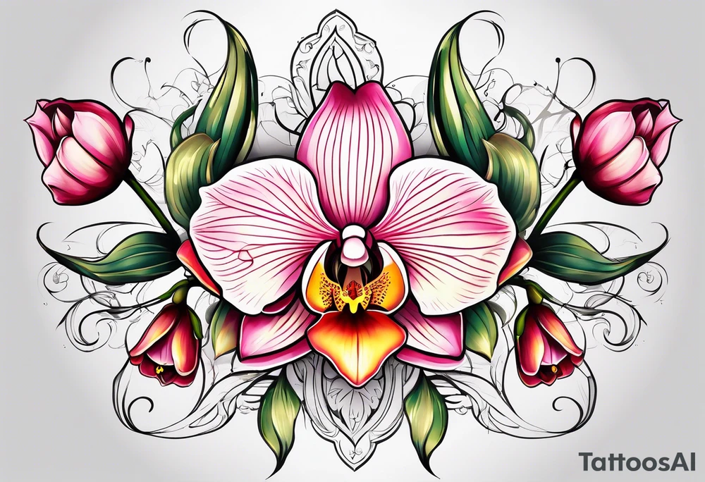 Cymbidium orchid rose on each side tattoo idea