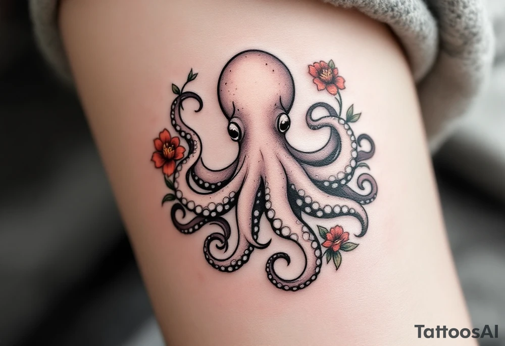 A small realistic black and grey tattoo of an octopus, cute, with detailed shading and soft linework, showing the octopus with swirling tentacles, on light skin. ornamental flowers around with red ink. The style is minimalistic and elegant, resembling fine-line tattoo with a shadow tattoo idea