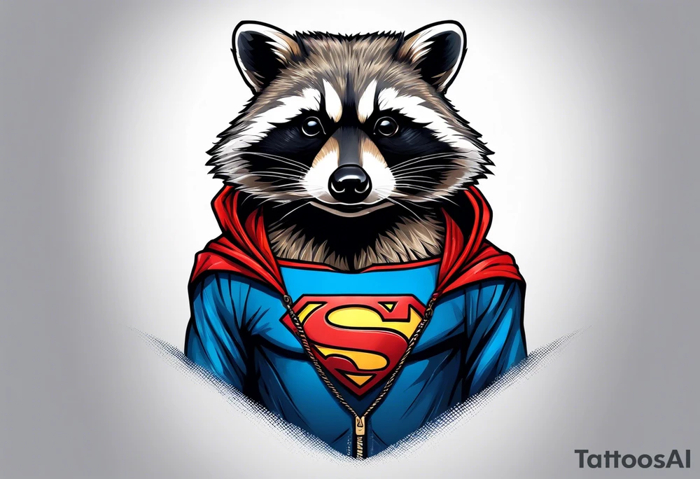 raccoon wearing a Superman hoodie tattoo idea
