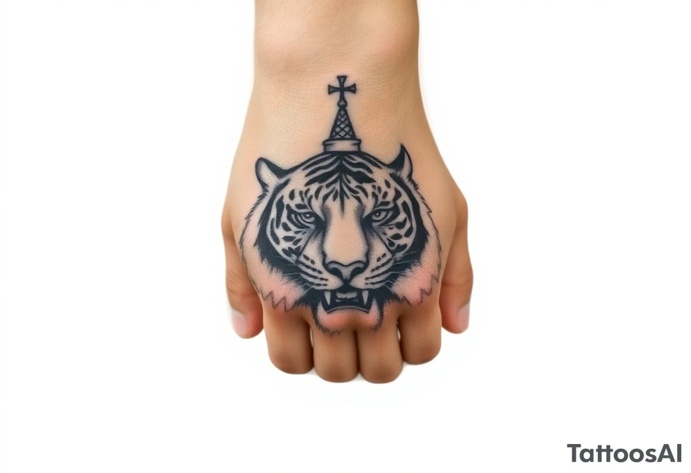 Realistic tiger face on the back of the hand with strong contrast and fine detail. Forearm features a highly detailed Russian Orthodox cathedral with onion domes and crosses, done in fine line, engraving-like style. Cohesive composition, black ink only, no color, high contrast, slightly aged, documentary-style, plain light background. tattoo idea