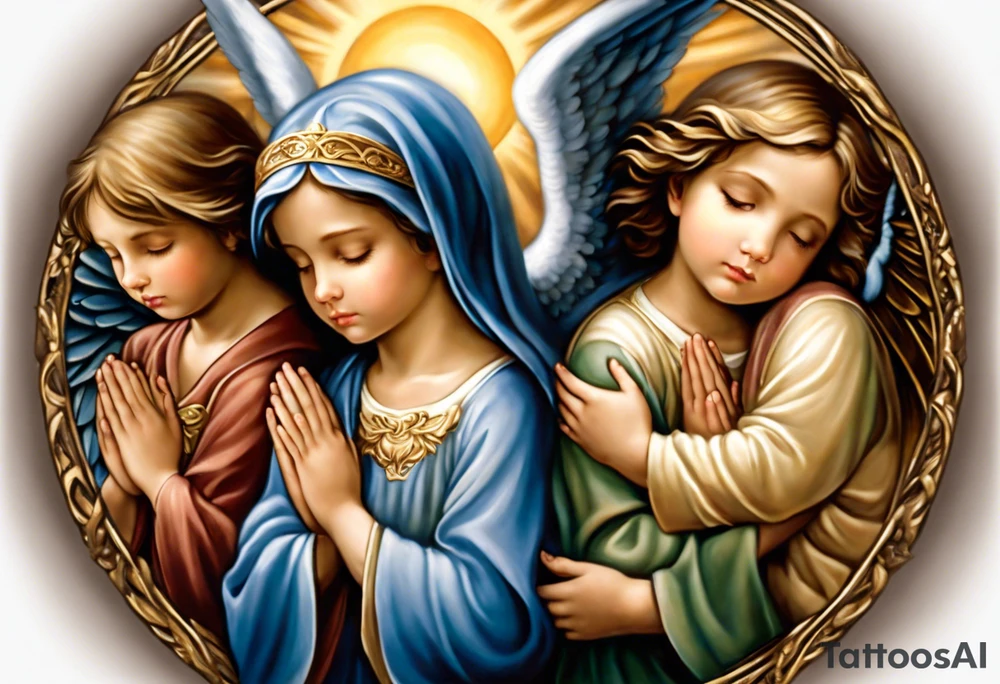 In the center of the tattoo, there's a serene scene of three angels praying together. The two boy angels are on either side of the girl angel, with their wings gently enfolding her in a protective embrace. Each angel has a peaceful expression on their face, and their hands are clasped together in prayer. Rays of light emanate from above, surrounding the angels with a divine glow.

The girl angel could be depicted with slightly softer features, perhaps wearing a flowing gown or robe, symbolizing purity and grace. The boy angels might have a more sturdy and protective appearance, with strong wings and expressions of compassion and strength. tattoo idea