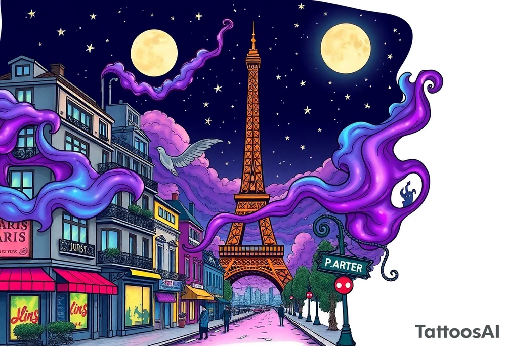 Tim Burton’s paris streets with effel tower from outside view is the street is littered with neon signs purple and cyan smokey clouds swirl and dance in the moonlit night sky filled with twinkling stars  tattoo idea tattoo idea