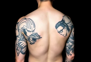 Battle royal anime sleeve with several characters from different Manga tattoo idea
