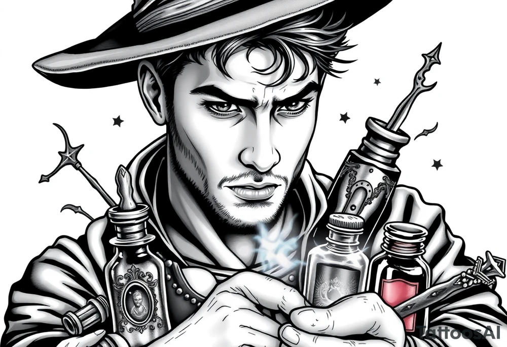 Handsome young adult guy is accidentally stumbled upon witch tools, supplies, artifacts, potions tattoo idea