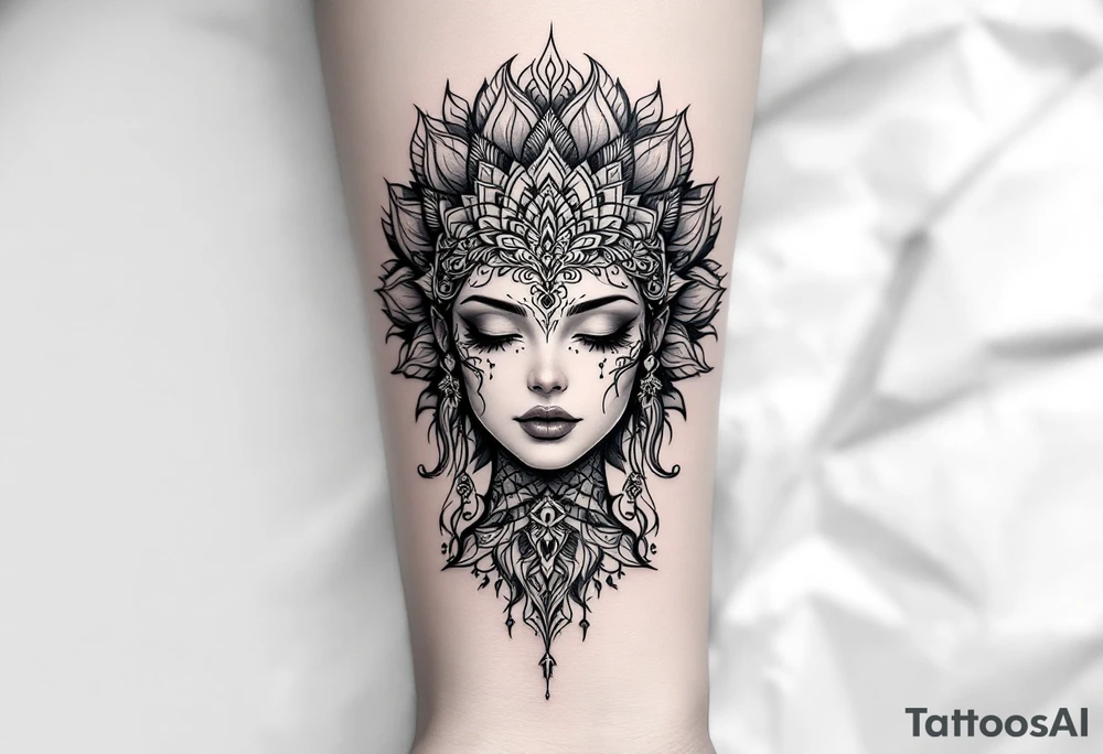 beautiful woman dmt deity with mandala fully behind head tattoo idea