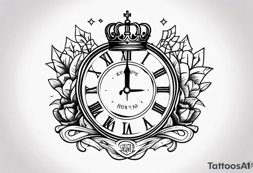 Broken clock with king crown lettering HOPE tattoo idea