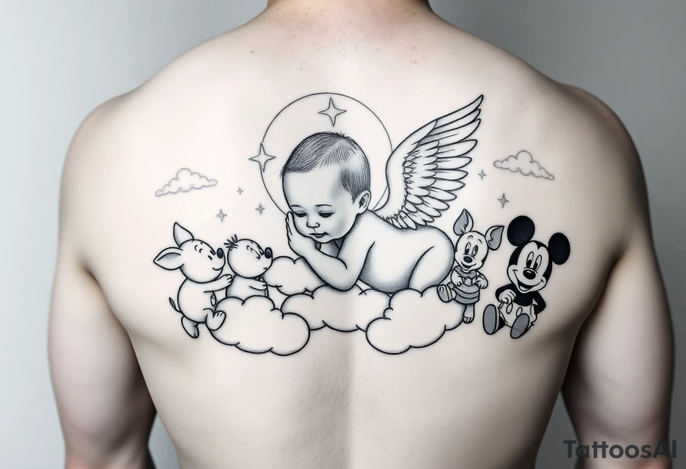 Babyboy with angel wings crawling to clouds and heavens gate surrounded by Disney characters winnie the poo, piglet, eeyor, baby mickey and baby minnie mouse as babies arm sleeve tattoo idea