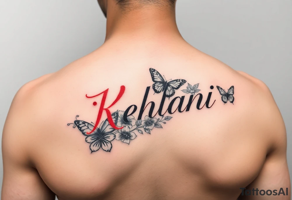the name kehlani with flowers and butterflies red ink tattoo idea