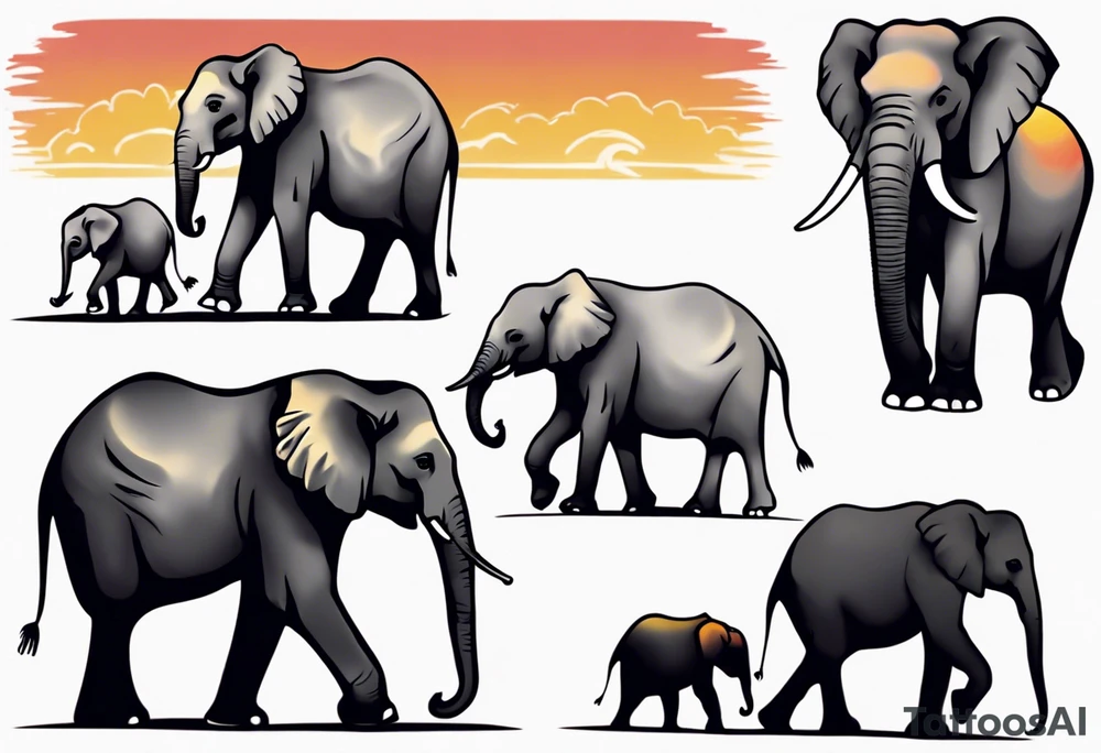 family of 6 elephants walking into sunset tattoo idea