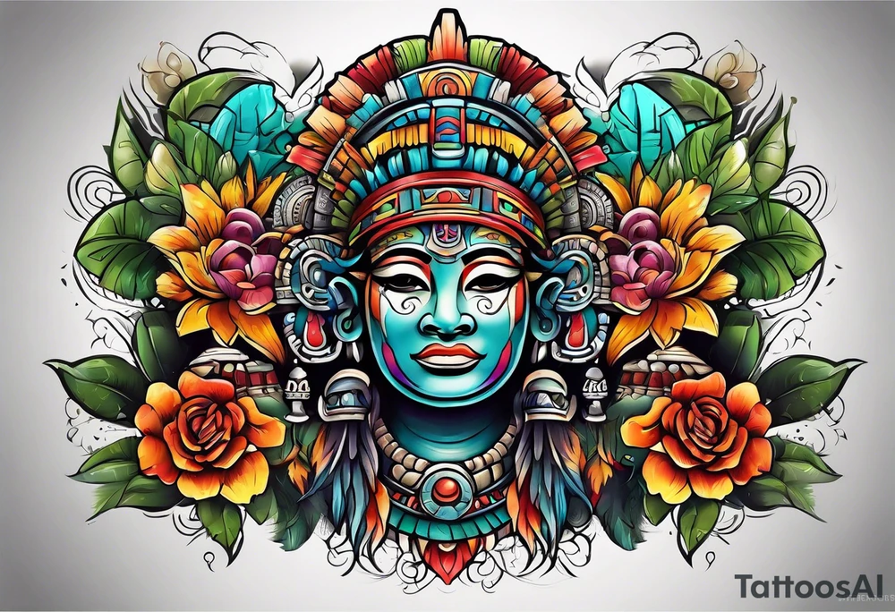 Colorful Mayan cave tattoo idea