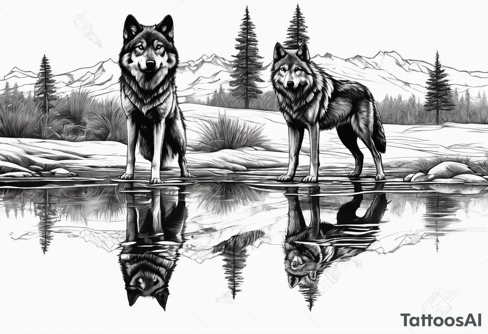 adult wolf standing alone at edge of water seeing himself as a pup in his reflection tattoo idea