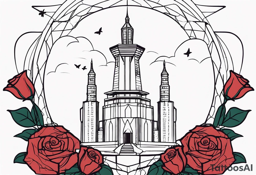 Tesseract in shape of dark tower with roses around it tattoo idea