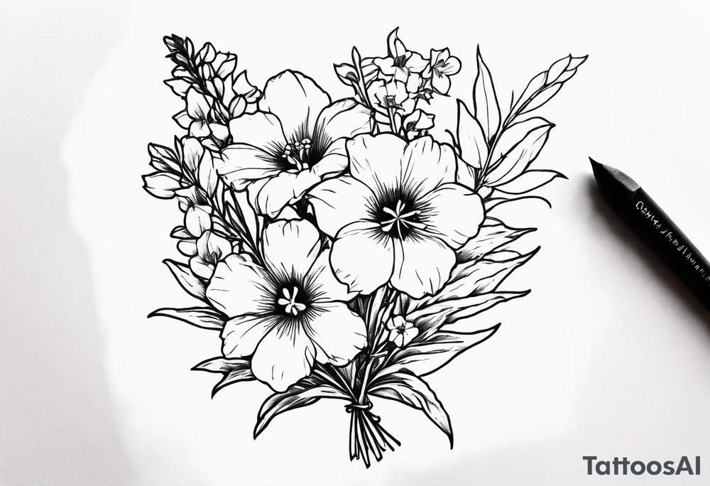 Larkspur, morning glory, delphinium and aster bouquet tattoo idea