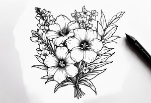 Larkspur, morning glory, delphinium and aster bouquet tattoo idea