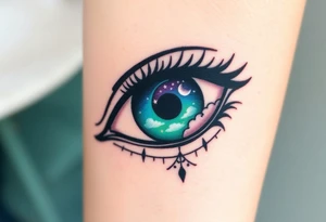 Large outline of an almond shaped eye with a spade shaped eyeball colored greenish blue with a crescent moon stars and clouds inside vivid colors blue green purple tattoo idea