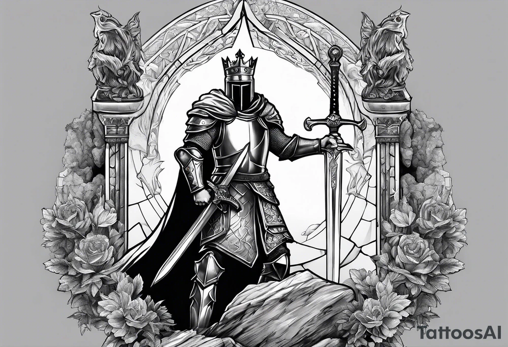king arthur knight pulling out Excalibur from large stone tattoo idea