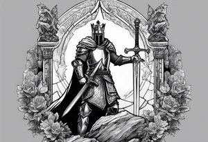 king arthur knight pulling out Excalibur from large stone tattoo idea