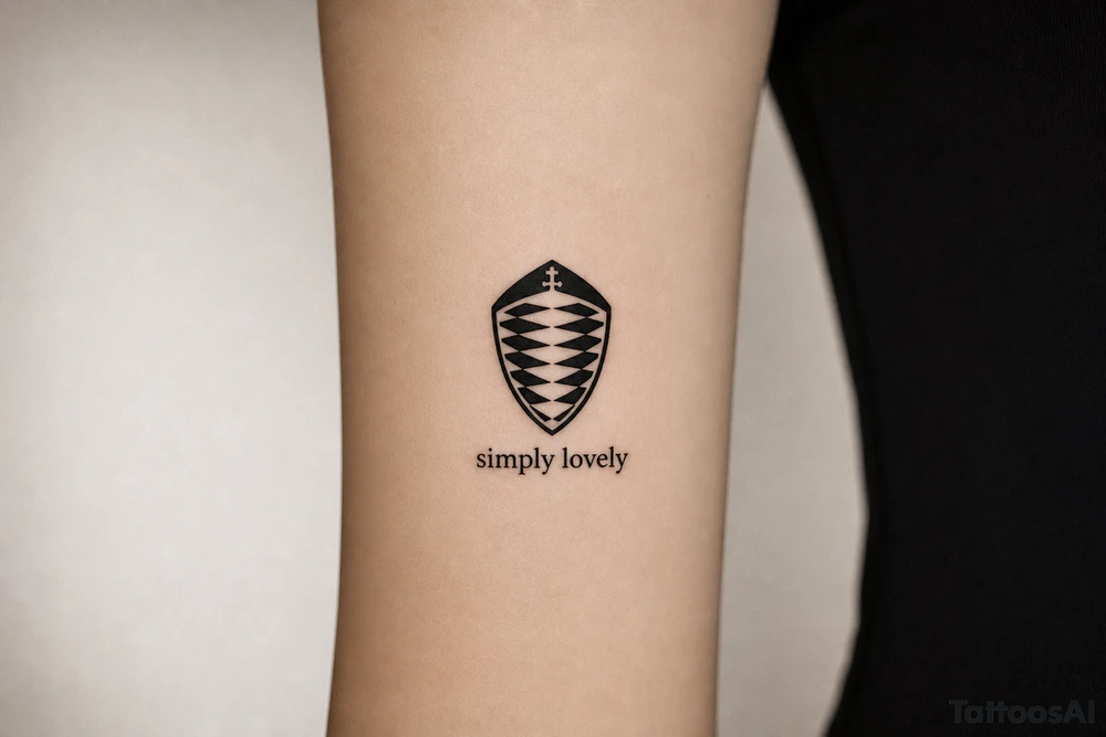 Koenigsegg ghost logo and below written "simply lovely" tattoo idea