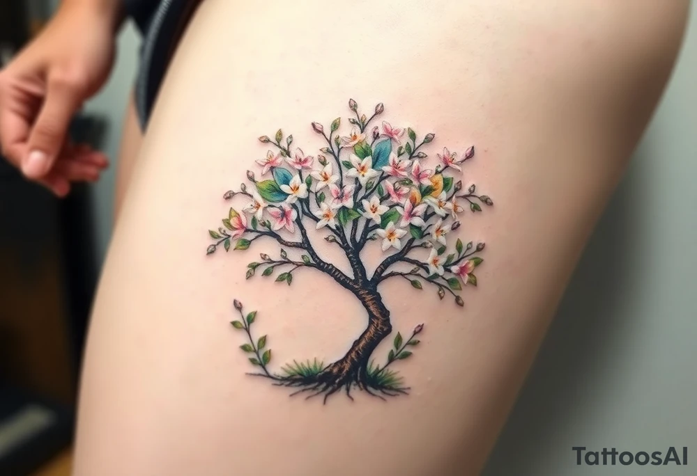 Flowering Hawthorn tree with  lillys planted on each side of the Hawthorn tree tattoo idea