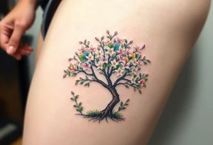 Flowering Hawthorn tree with  lillys planted on each side of the Hawthorn tree tattoo idea