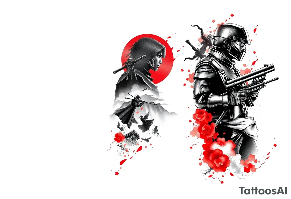 Full arm sleeve tattoo design, black and grey sketch incorporating the following:
Halo Reach: skyline in storm clouds with ember-red glow, emille silhouette in distance on the inner arm
Ghost of Tsushima: Jin Sakai face and mask, katana behind, with flowing blood-red cherry blossoms drifting across on inner forearm
Helldivers 2: silhouettes of Helldivers dropping from pods through smoke and sparks (orange sparks glowing), on the outer arm
DOOM Eternal: hyper-realistic Doom Slayer silhouette with super shotgun over shoulder, fire and flames around on the outer forearm



Inner left arm: Firewatch tower in silhouette on ridges, orange and purple dusk glow blending into smoke. tattoo idea
