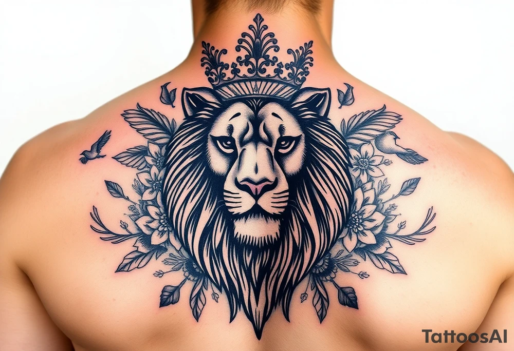 powerful majestic lion with a crown, surrounded by floral ornaments and birds tattoo idea