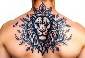 powerful majestic lion with a crown, surrounded by floral ornaments and birds tattoo idea