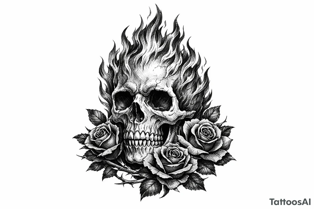 A realistic skull engulfed in vibrant, licking flames, with dark red roses twining around the base. tattoo idea