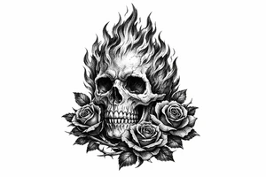 A realistic skull engulfed in vibrant, licking flames, with dark red roses twining around the base. tattoo idea