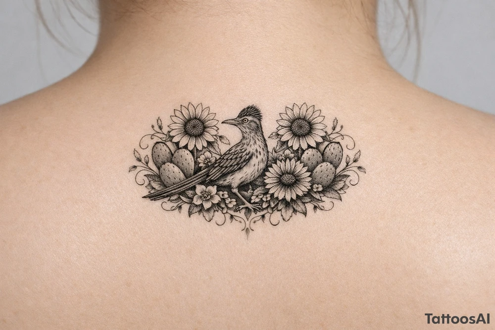 Wildflowers, sunflowers and Indian paint blanket flower with vines and cactus and realistic roadrunner drapes from shoulder to hand tattoo idea