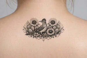 Wildflowers, sunflowers and Indian paint blanket flower with vines and cactus and realistic roadrunner drapes from shoulder to hand tattoo idea