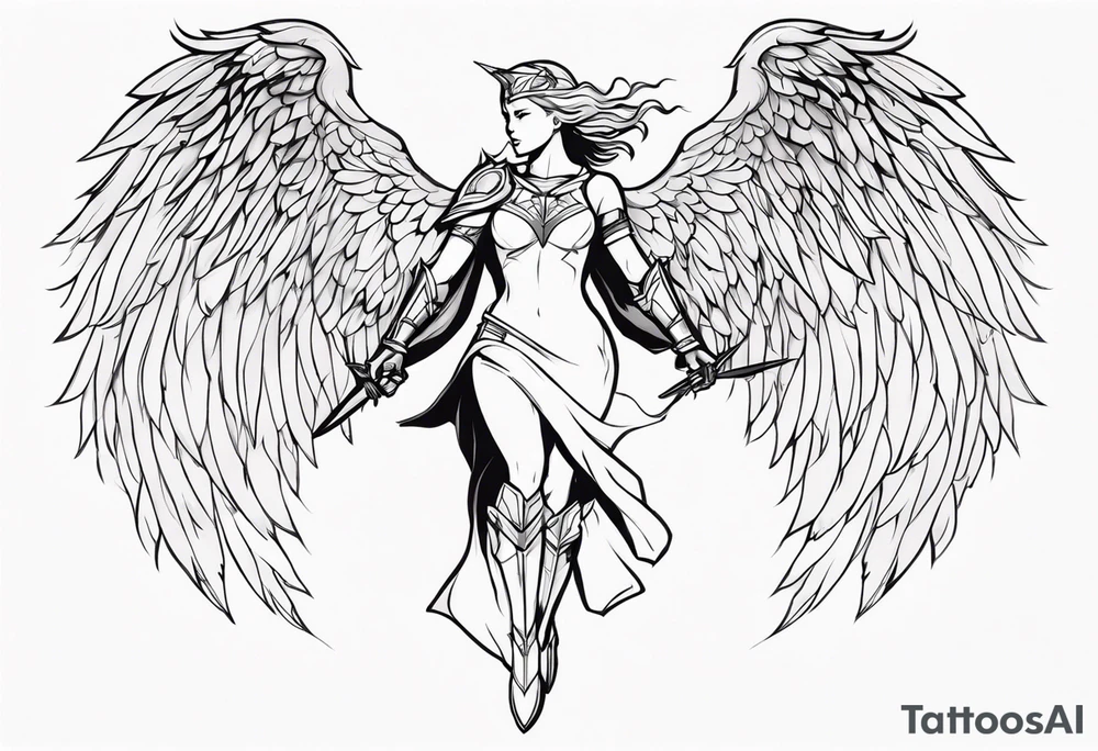 The full body of a Valkyrie with wings flying tattoo idea