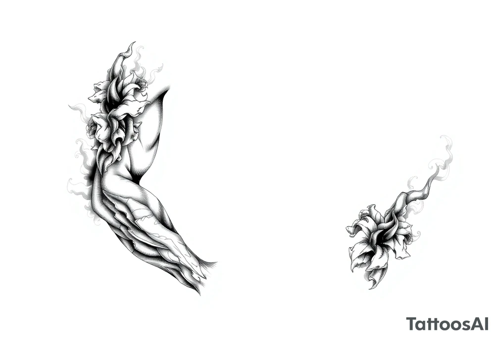 Tattoo sleeve filler using smoke, ash, and fragmented memory effects, organic flow wrapping around arm muscles, soft gradients, negative space, black and grey realism, seamless transitions between main tattoo elements. tattoo idea
