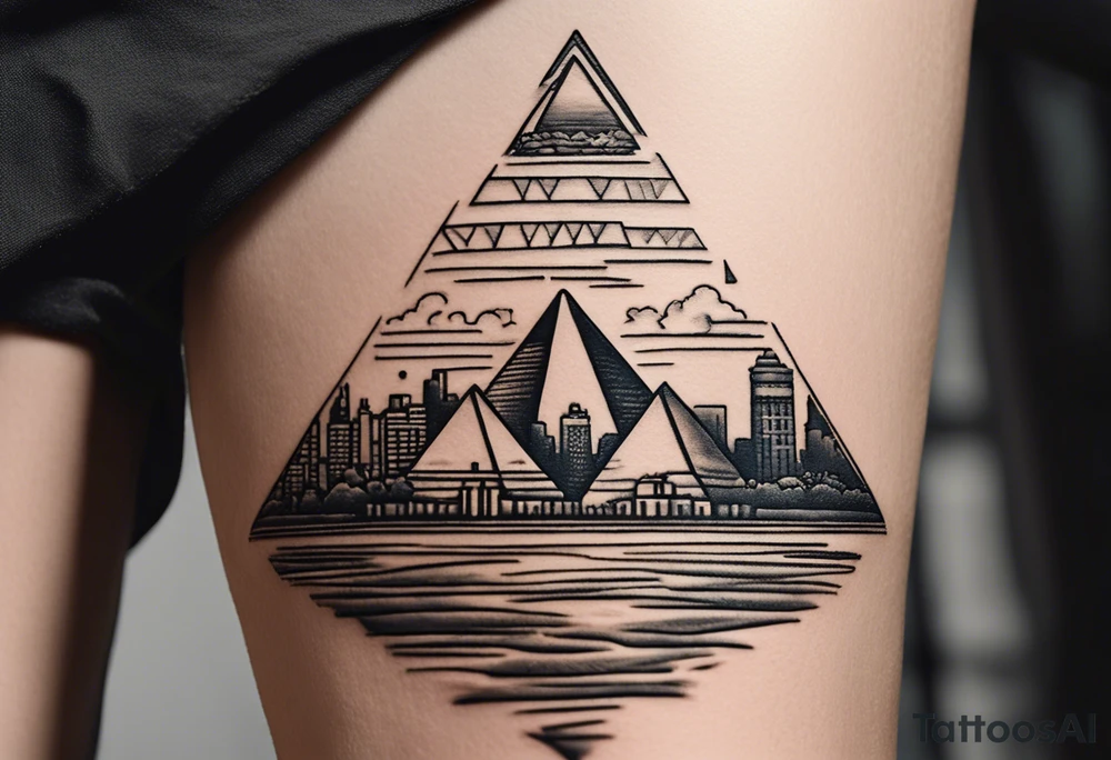 Craft a concise yet powerful tattoo that blends the Pyramids of Giza with the Manhattan skyline as the backdrop, seamlessly integrating the Nile River with the Hudson River. Keep it simple, focusing on key elements like pyramid silhouettes and iconic skyscrapers, allowing the rivers to converge naturally. Opt for a balanced composition with minimal detailing, capturing the essence of your Egyptian heritage alongside your life in New York tattoo idea