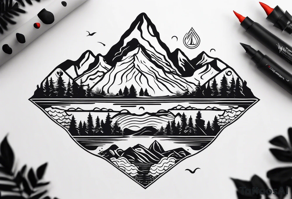 This is a minimalistic tattoo that is split into 2 sections; a top half and a bottom half. The top half is a mountain in Norway with a mountain bike trail winding down the mountain. The bottom half of the tattoo depicts an underwater scene featuring water, and sea life. tattoo idea