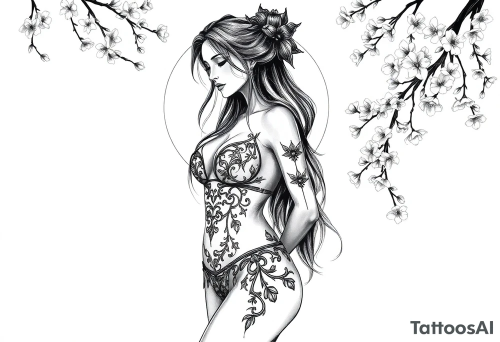 Hottest depiction of a starter the goddess of Love and war nude with see-through exotic lingerie at sunset with cherry blossoms tattoo idea