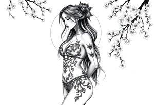 Hottest depiction of a starter the goddess of Love and war nude with see-through exotic lingerie at sunset with cherry blossoms tattoo idea