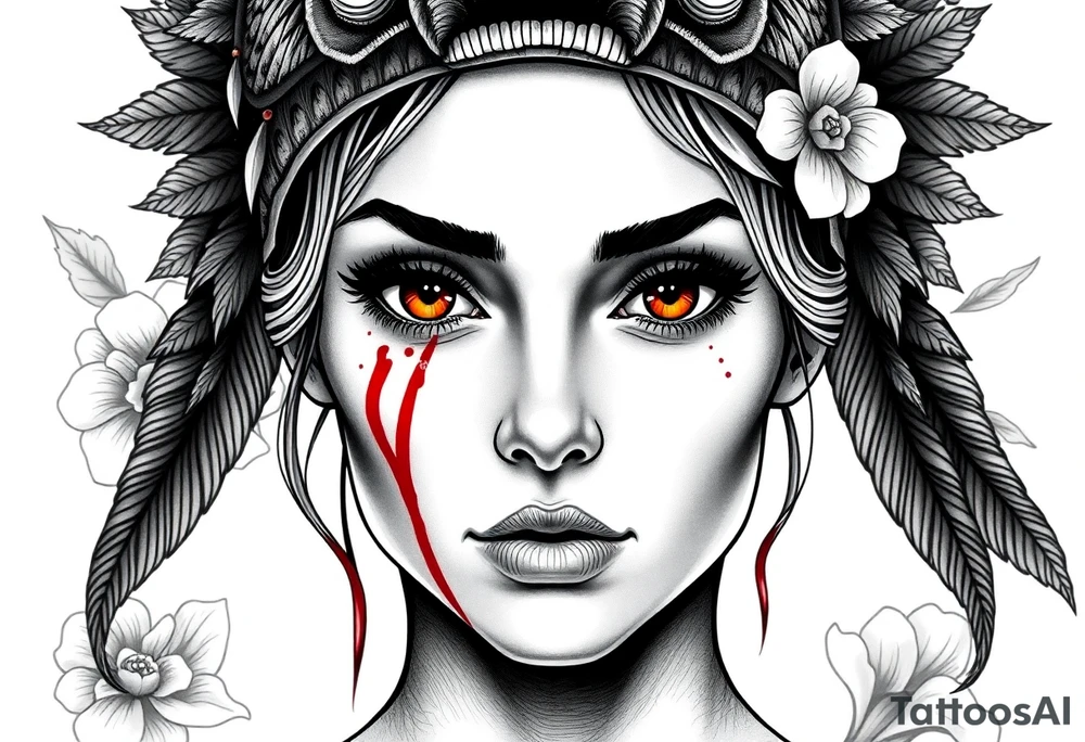 Young Symmetrical Beautiful Woman, looking forward, with colored eyes, shedding a tear, with battle scars and blood on face, with soft look, wearing a mean looking bear headdress on head, with flower background tattoo idea